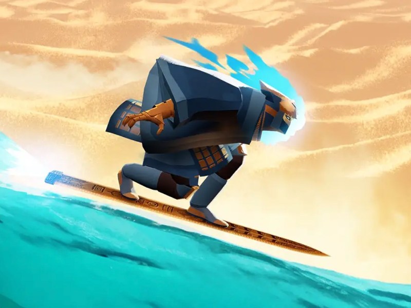 Artwork zum Videospiel Sword of the Sea - zu sehen ist eine Person, die über blauen Sand surft.