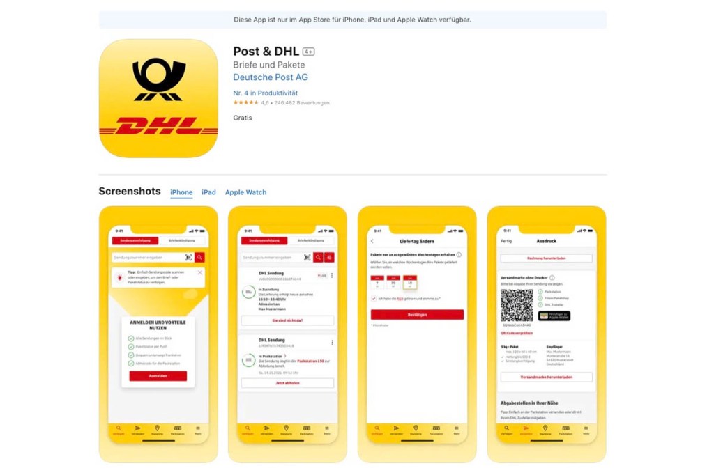 Screenshot der Post & DHL App im AppStore inklusive vier Screenshots