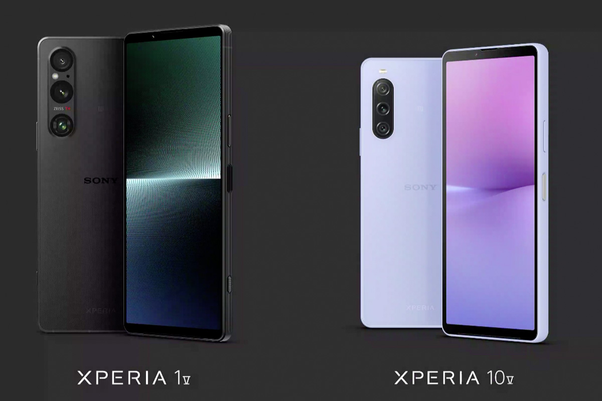 Die beiden Smartphones Sony Xperia 1v und 10v vor einem schwarzen Hintergrund.