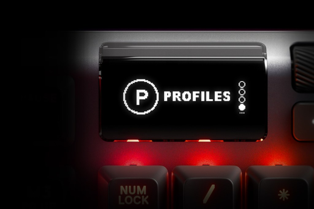 Detail von grauer Tastatur von kleinem Display das "Profile" anzeigt auf schwarzem Hintergrund