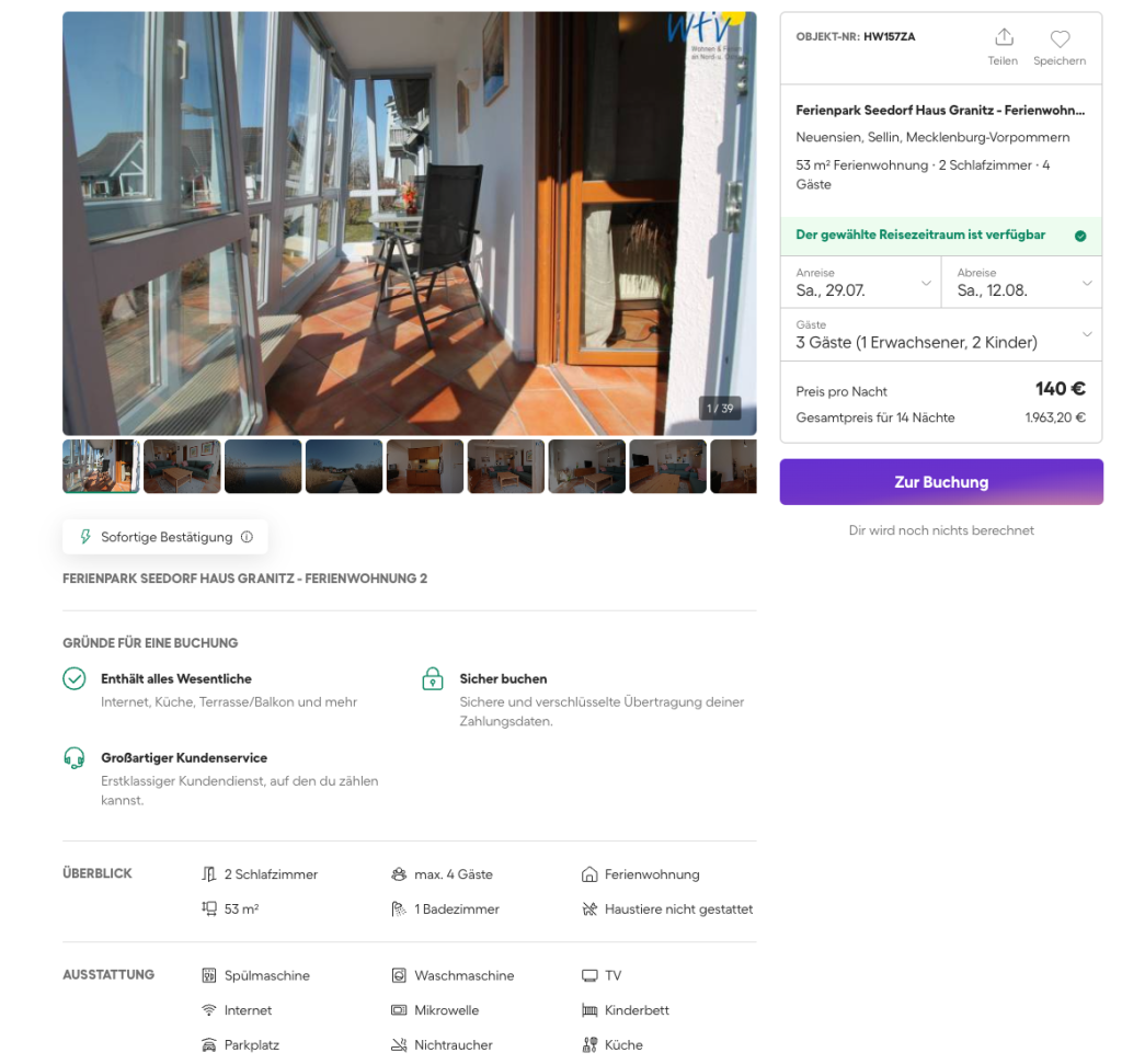 Screenshot mit Ferienhaus-Angebotsseite