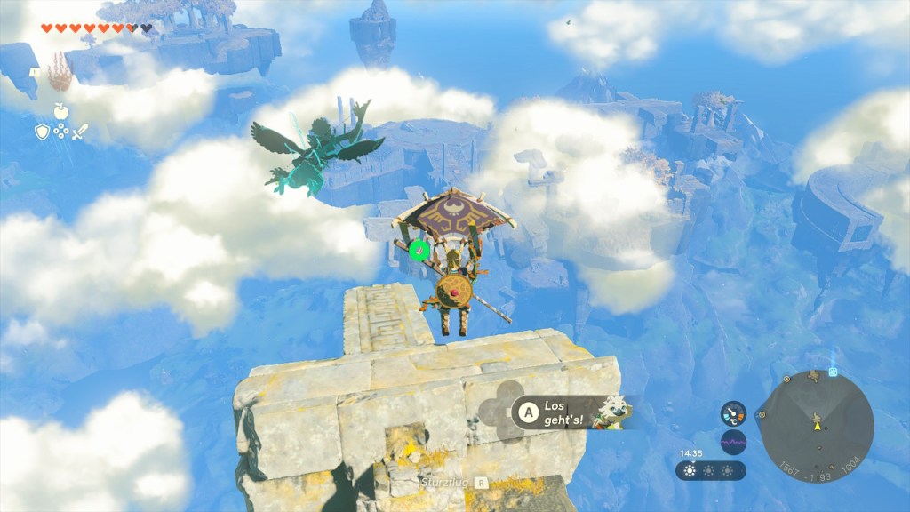 Screenshot aus dem Spiel Zelda: Tears of the Kingdom. Held Link fliegt durch den Himmel.