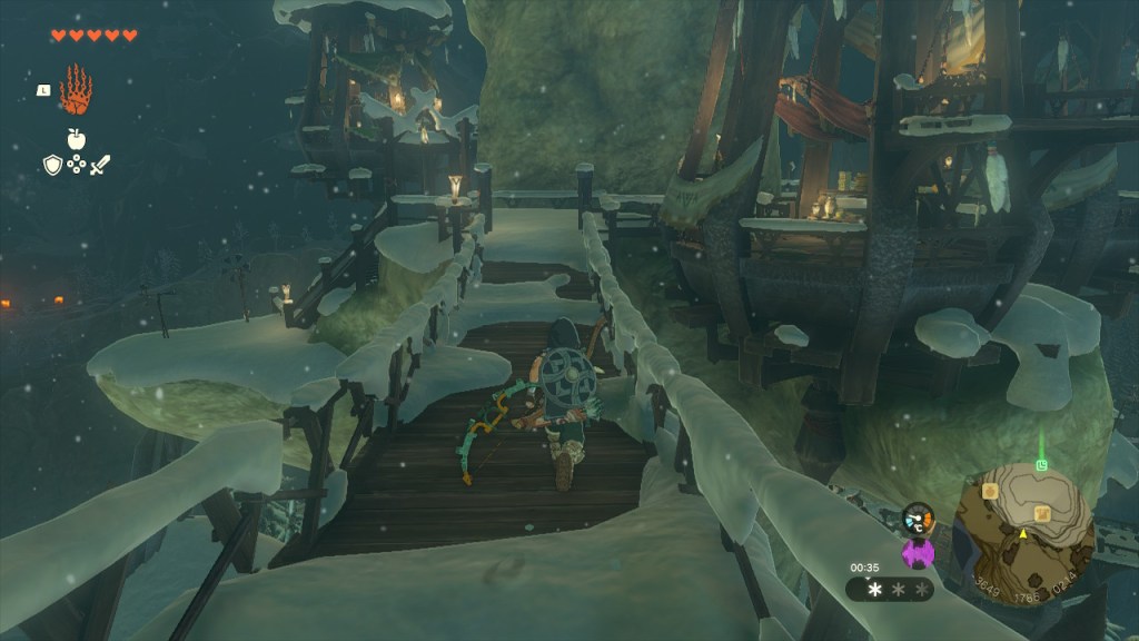 Screenshot aus dem Spiel Zelda: Tears of the Kingdom. Held Link läuft über eine Brücke.