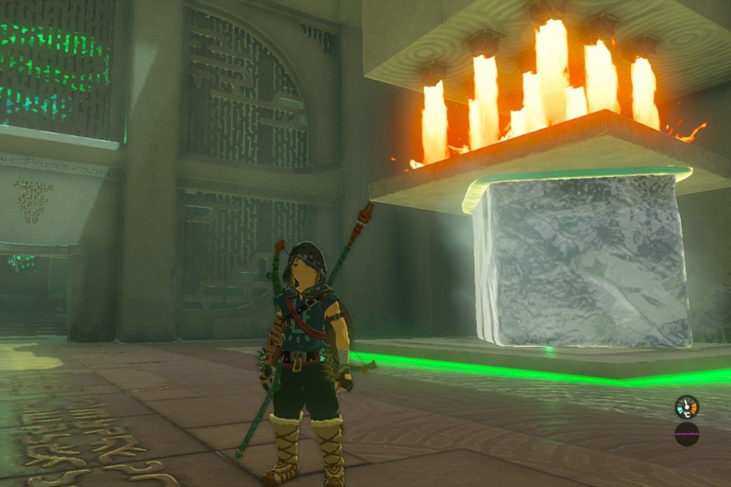 Ein Screenshot aus Zelda: Tears of the Kingdom. Man sieht den Helden Link in einem kleinen Dungeon.