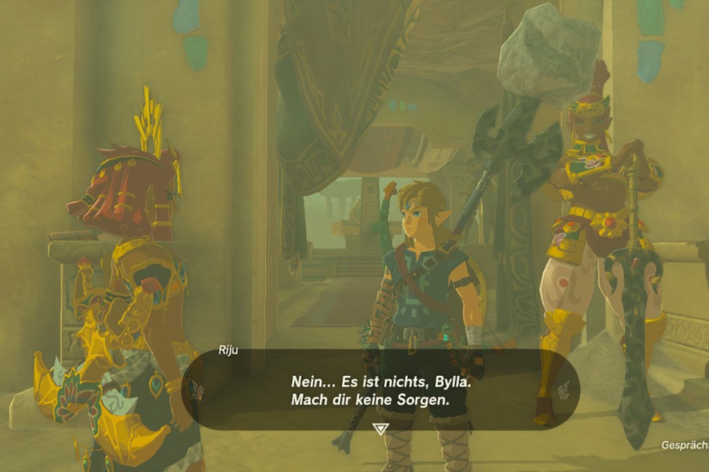 Ein Screenshot aus Zelda: Tears of the Kingdom. Link spricht mit zwei Kriegerinnen vom Gerudo-Volk.