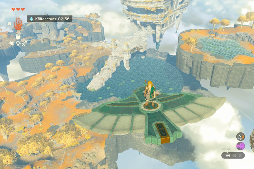 Ein Screenshot aus Zelda: Tears of the Kingdom. Ein Himmelsgleiter fliegt über die Spielwelt.
