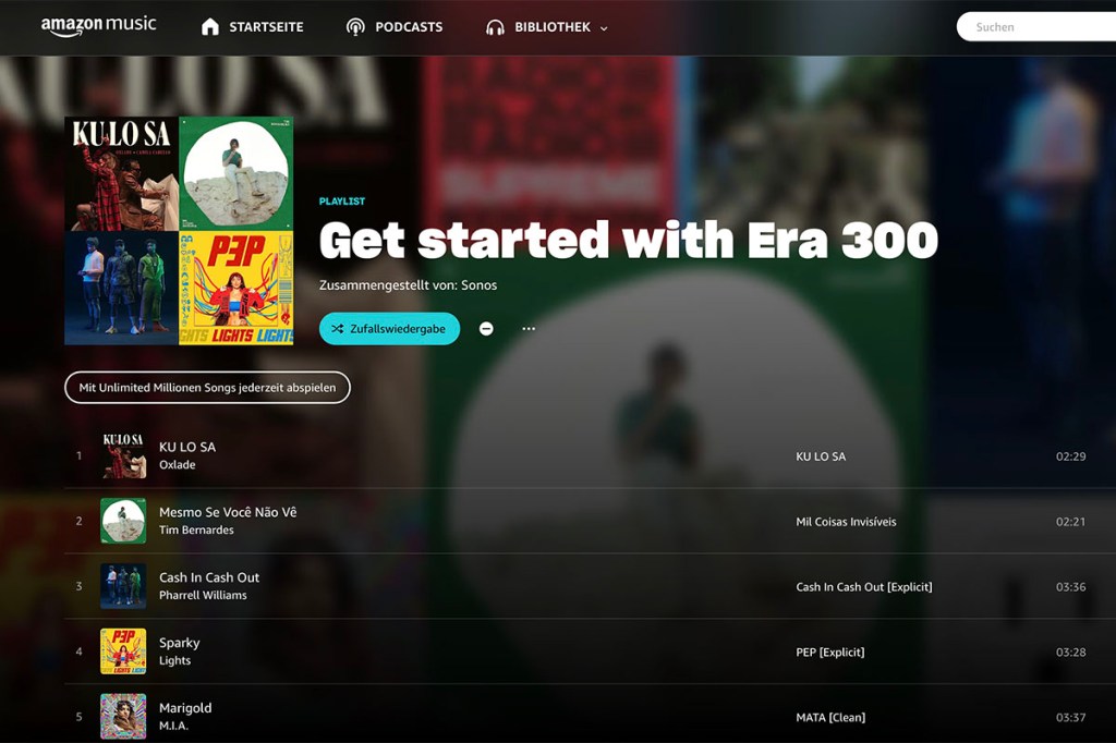 Screenshot der Amazon Music-Webseite mit Playliste für die Soundbox Sonso Era 300