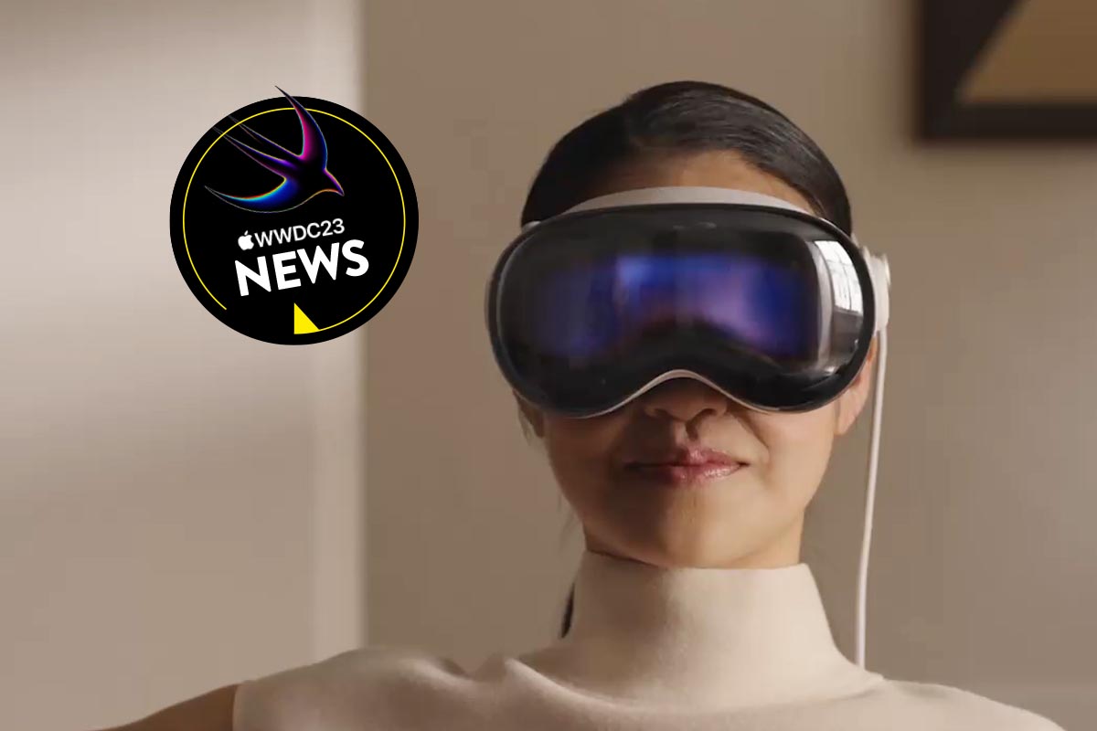 Frau mit dem Apple Vision Pro Headset auf dem Kopf
