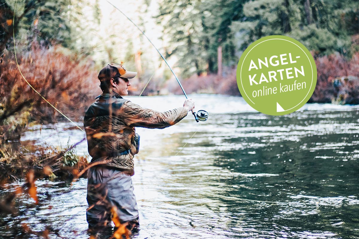 Mann steht ausgerüstet in einem Fluss und angelt.