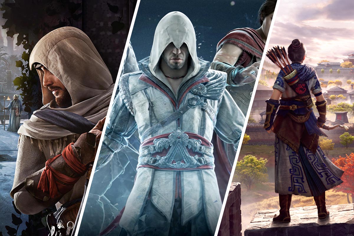 Verschiedene Spiele der Reihe Assassins Creed auf einem dreigeteiltem Bild.