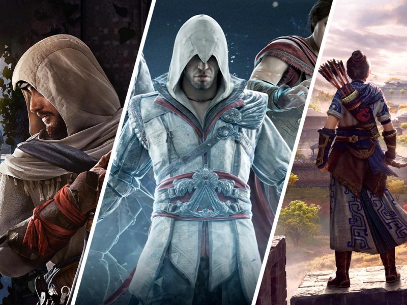Verschiedene Spiele der Reihe Assassins Creed auf einem dreigeteiltem Bild.
