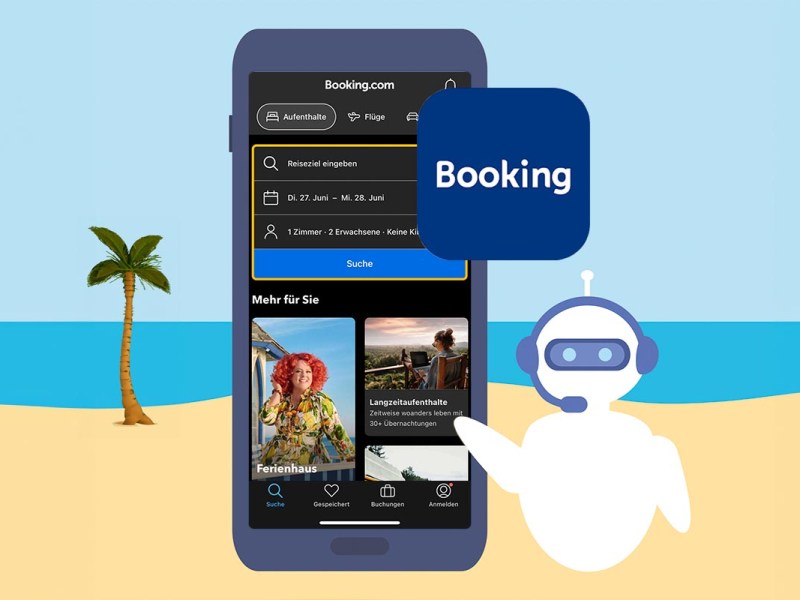 Auf einem grafischem Smartphone ist ein Screenshot von Booking.com zu sehen. Auf den Bildschirm zeigt ein Roboter