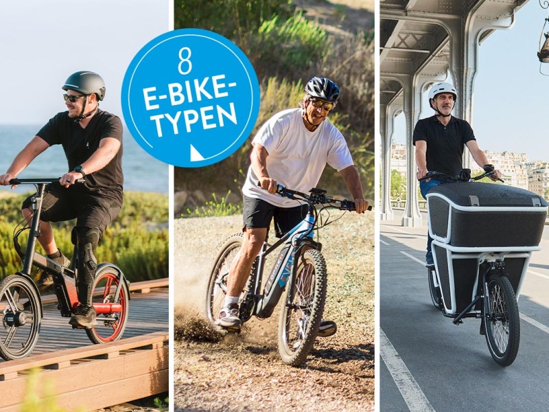 Verschiedene Arten von E-Bikes auf einem dreigeteilten Bild.