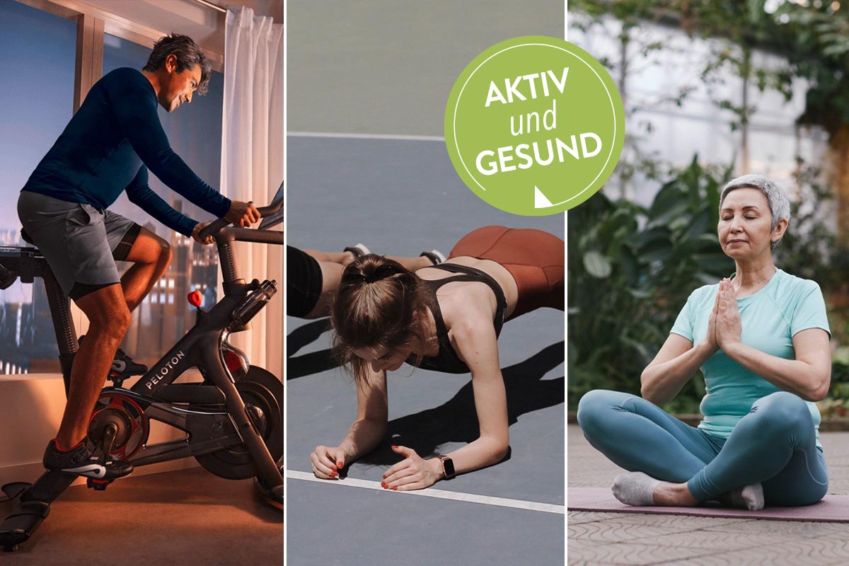 Drei Sportarten nebeneinander: Indoor Cycling, Low Impact und Meditation.
