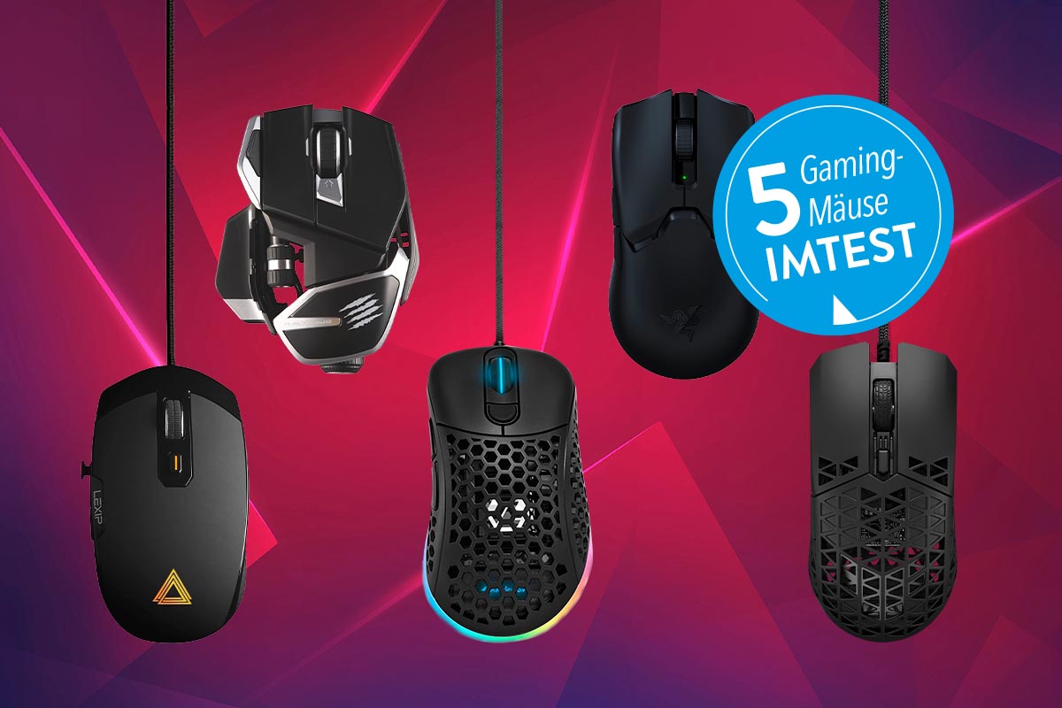 Gaming-Mäuse verschiedener Hersteller auf rötlichem Hintergrund.