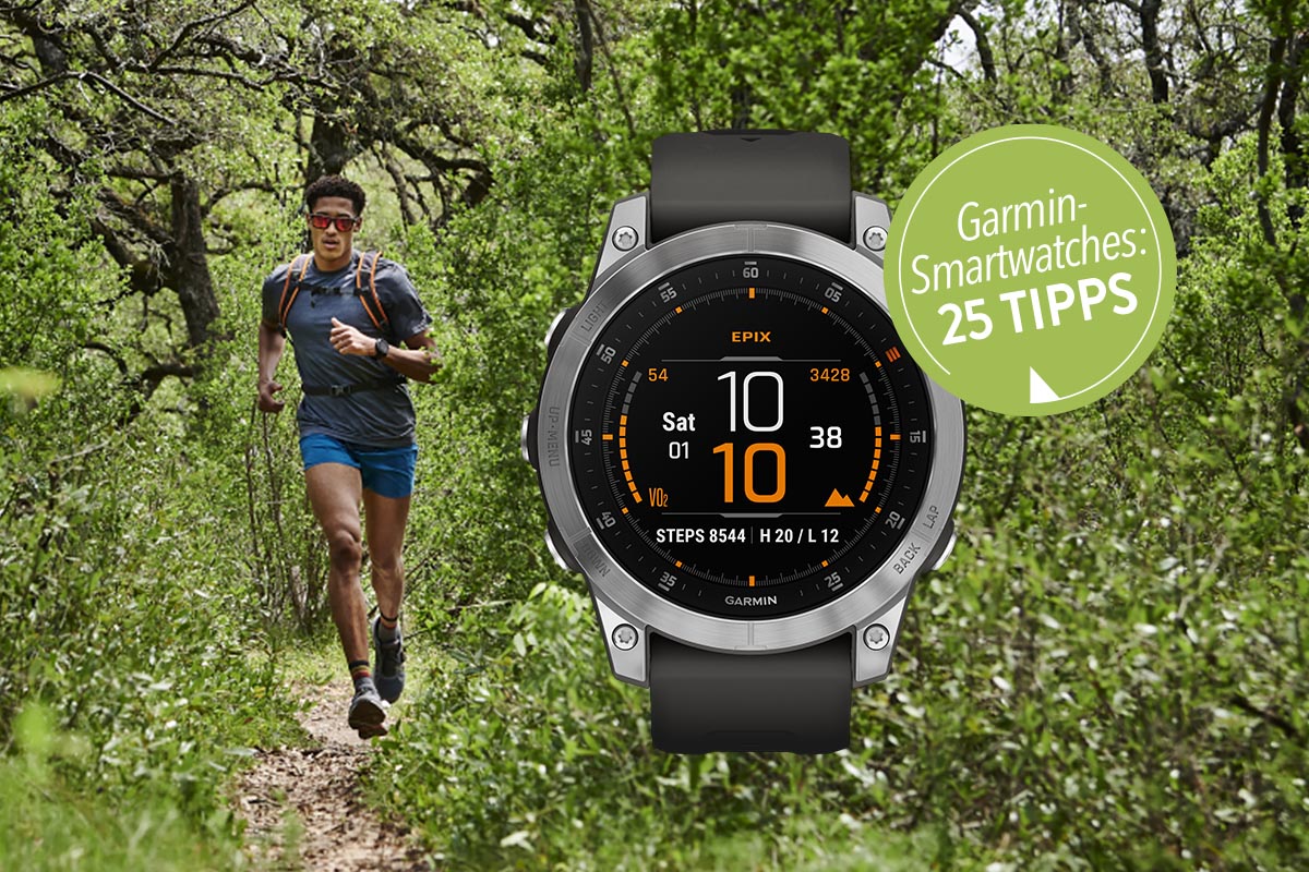 Garmin Epix steht rechts neben einem Läufer im Wald