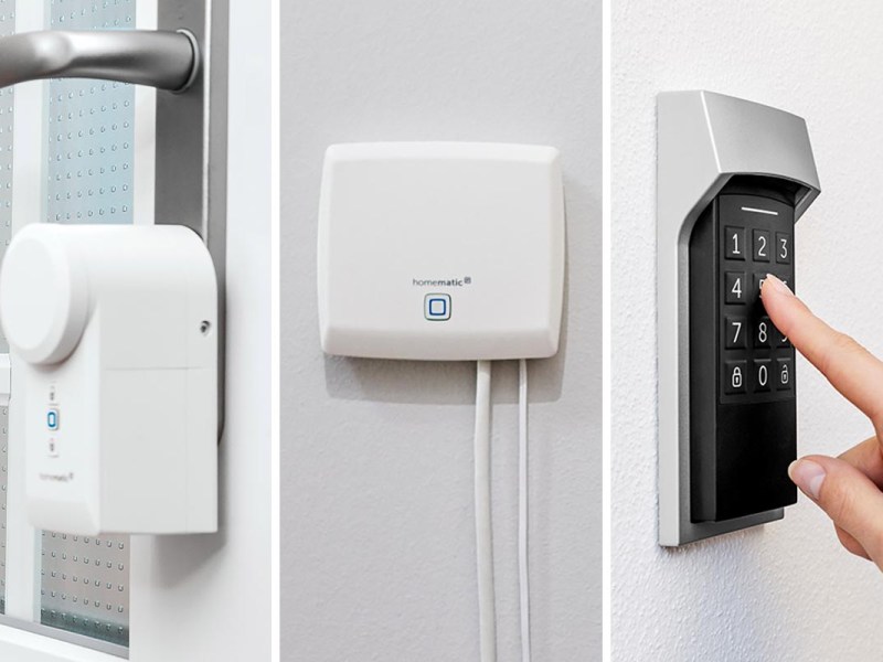 Homematic IP Türschlossantrieb, Access Point und Key Pad als Kollage.