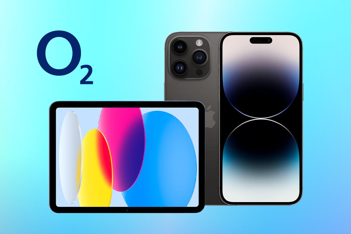 Apple iPhone 14 Pro Max und iPad 10 vor blauem Hintergrund