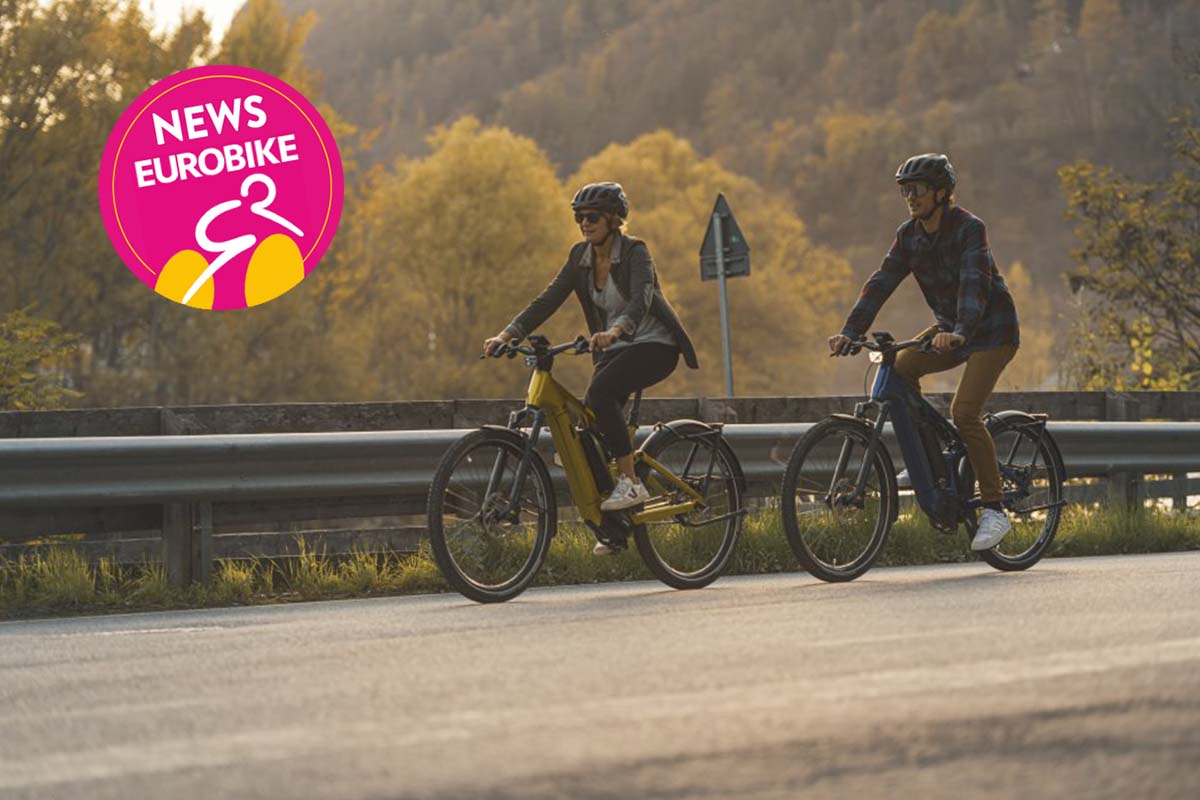 Zwei Menschen fahren mit ihren E-Bike über eine Straße, die durch ein Naturstück führt