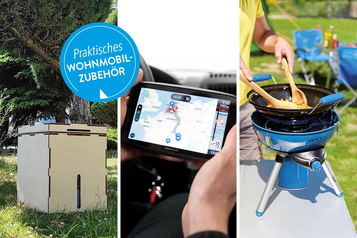 Zubehör fürs Wohnmobil auf einem dreigeteiltem Bild.