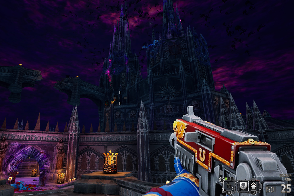 Ein Screenshot des Shooters Warhammer 40.000 Boltgun. Im Vordergrund die Waffe des Charakters, im Hintergrund eine düstere Festung vor lilafarbenen Wolken.