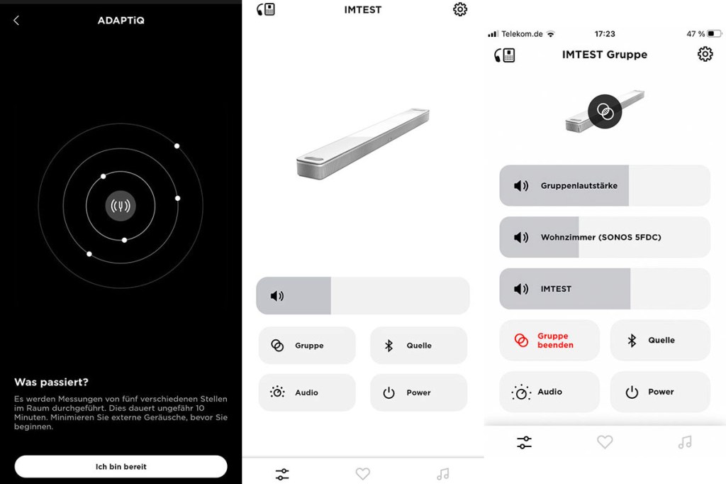 Bose Smart 900 Soundbar: Screenshots, die verschiedene Einstellungsmöglichkeiten zeigen. 