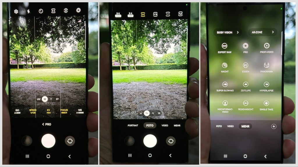 Drei Ansichten der Kamera-App nebeneinander