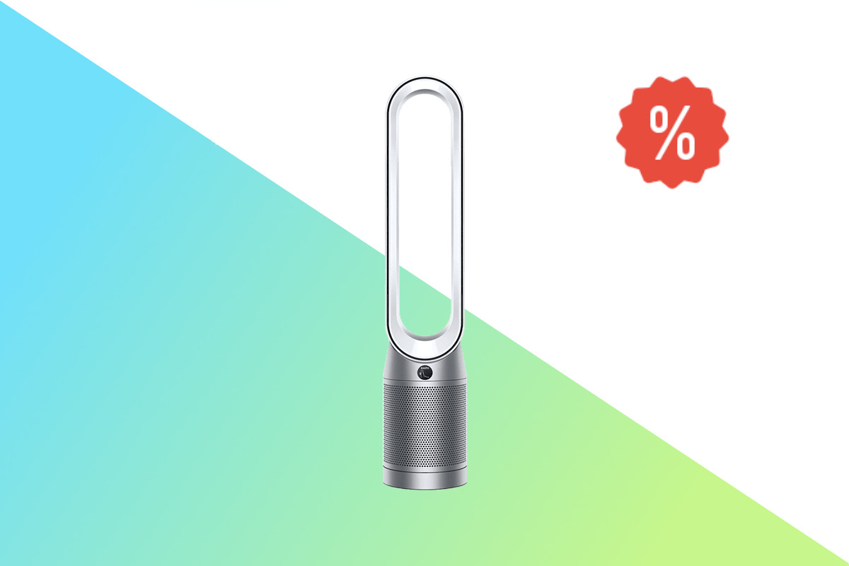 Silberner Dyson Purifier Cool Luftreiniger von vorne auf weißem Hintergrund mit blau grünem Farbverlauf unten und rotem Prozentzeichen oben rechts