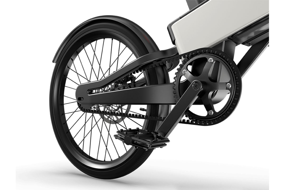 Ki-gesteuertes E-Bike Acer ebii in Detailansicht. Im Bild das Hinterrad und die Tretkurbel.