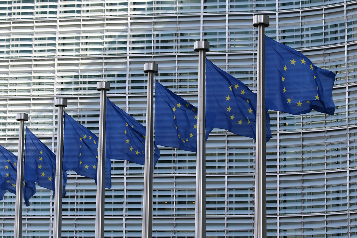 Eine Vielzahl von EU-Flaggen vor dem Parlamentsgebäude.