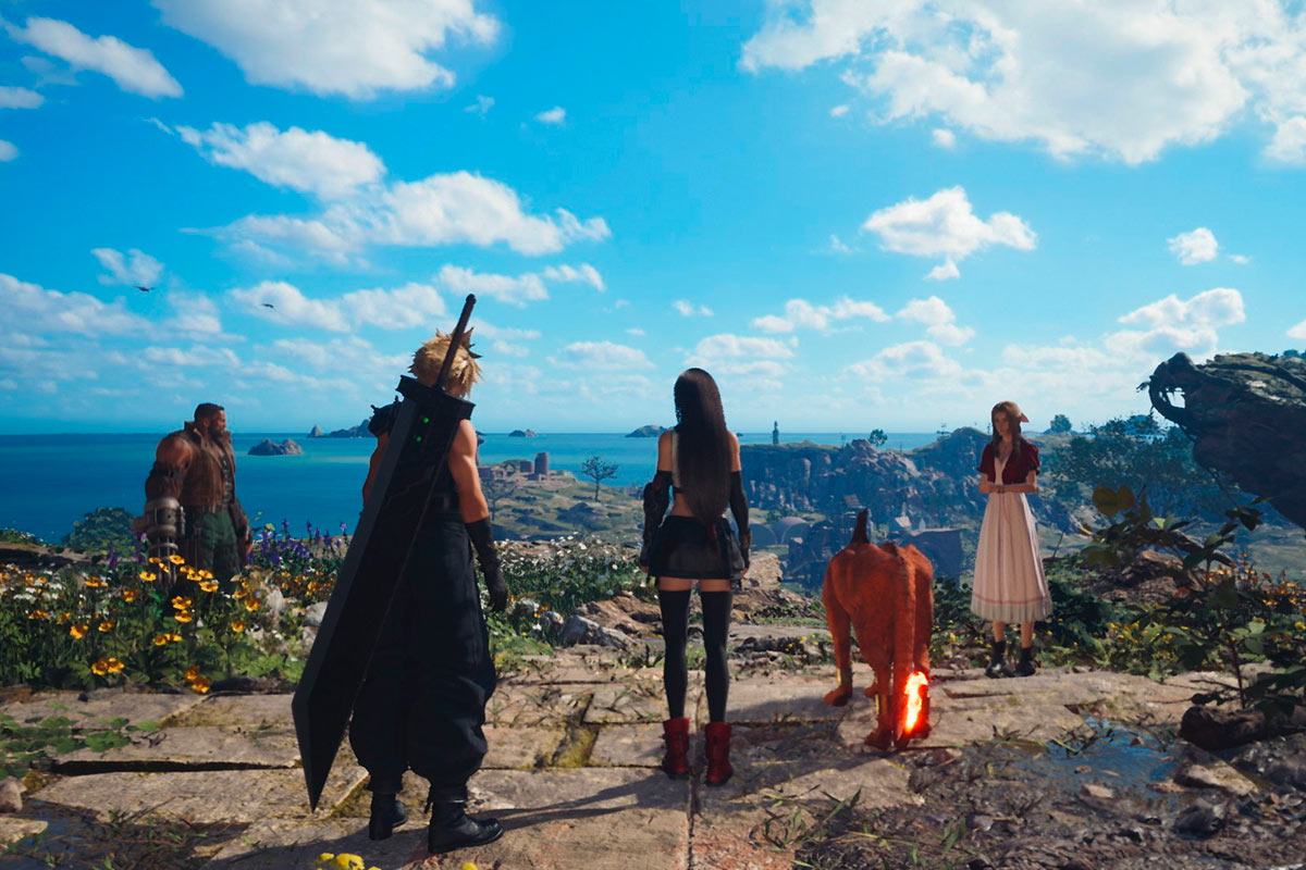 Ein Screenshot aus dem Spiel Final Fantasy VII, der fünf Hauptfiguren in einer schönen Landschaft zeigt.