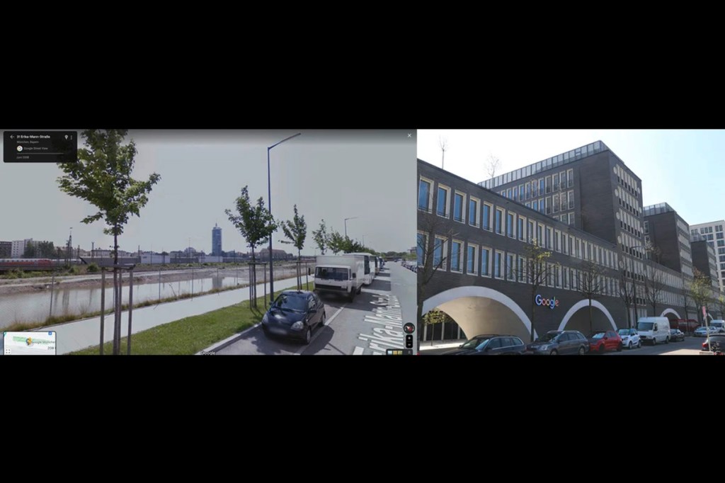 Vergleichende Bilder des Münchener Google-Gebäudes auf Street View.