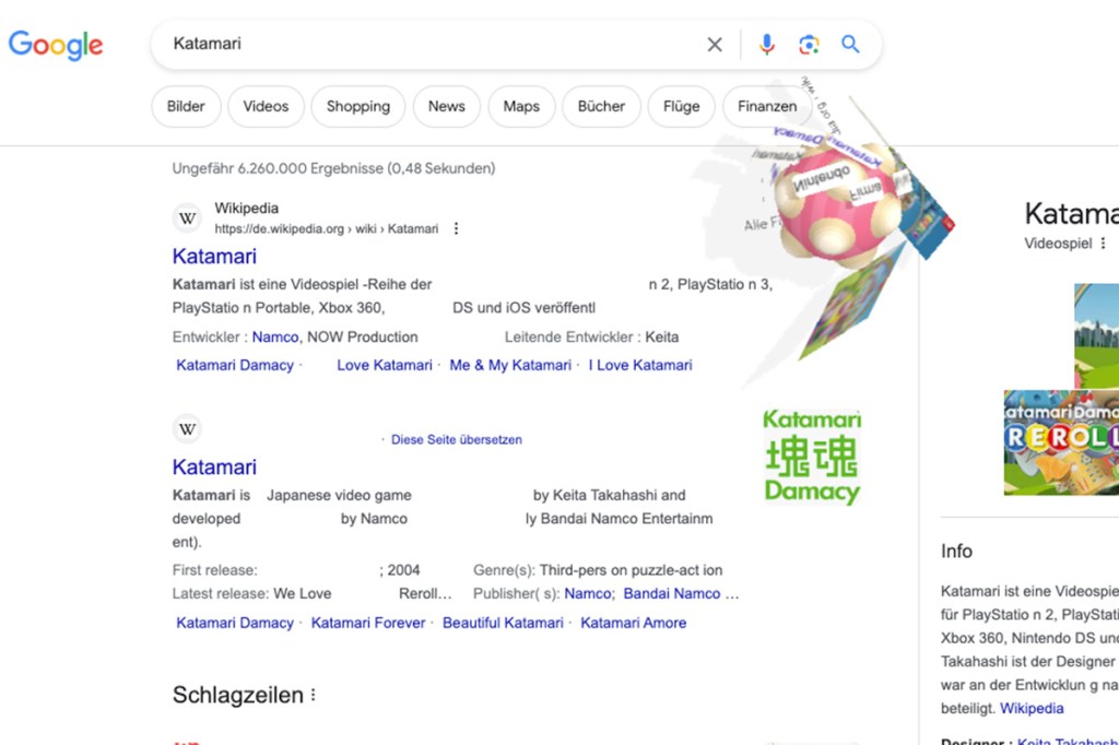 Screenshot der Suchmaschine Google, wo das Katamari-Easteregg zu sehen ist.