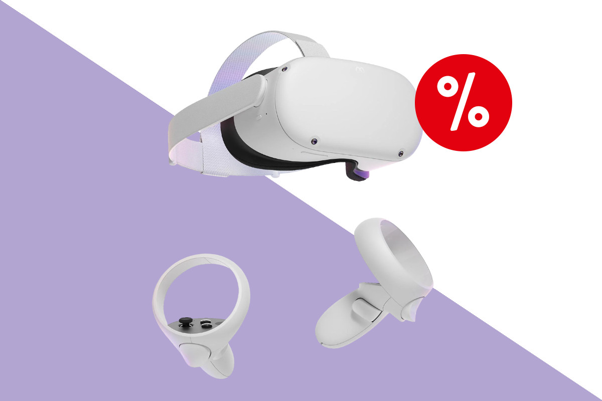 Weiße Meta Quest 2 VR-Brille schräg von vorne mit zwei kleineren Handteilen darunter auf helllila weißem Hintergrund mit rotem Prozentbutton oben rechts