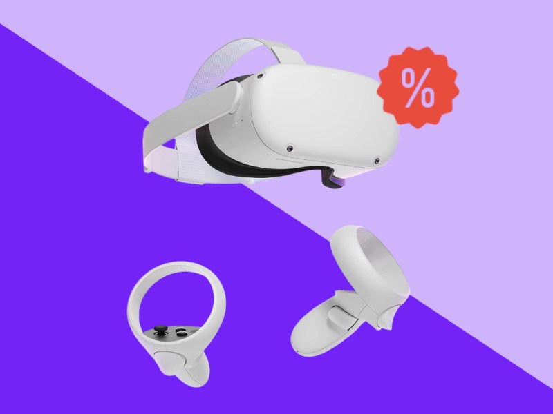 Weiße Meta Quest 2 VR-Brille schräg von vorne mit zwei weißen Controllern dadrunter auf lila Hintergrund mit rotem Prozentzeichen oben rechts