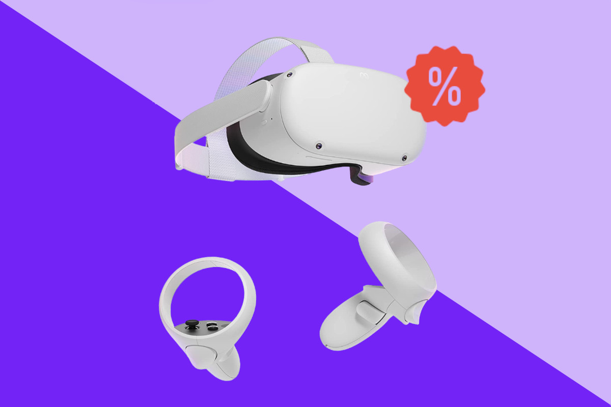 Weiße Meta Quest 2 VR-Brille schräg von vorne mit zwei weißen Controllern dadrunter auf lila Hintergrund mit rotem Prozentzeichen oben rechts