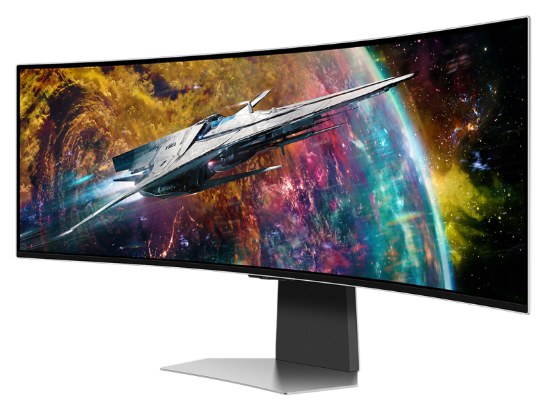 Der Breitbild Gaming-Monitor Samsung Odyssey G9 von schräg vorne vor weißem Hintergrund.