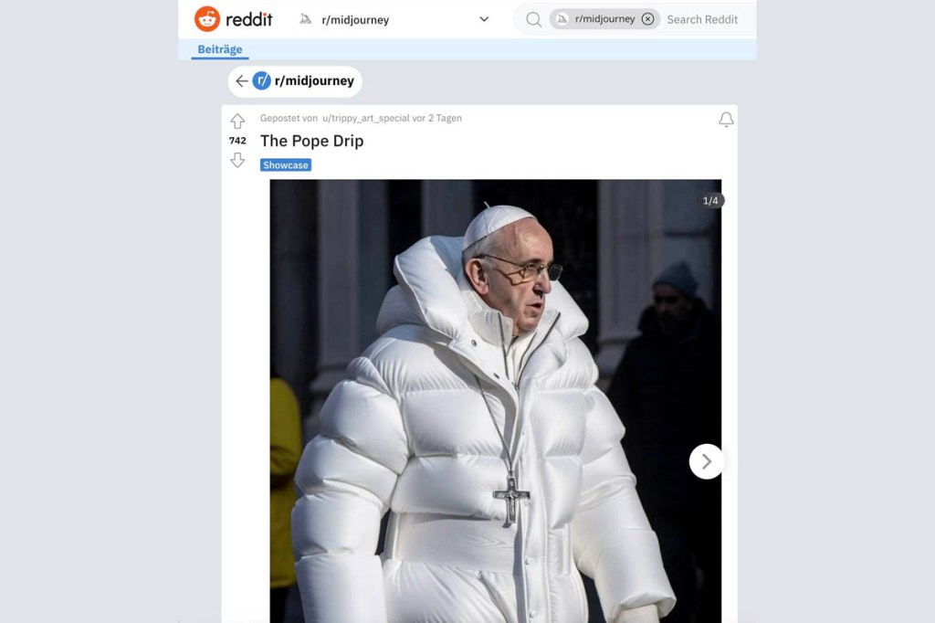 Screenshot eines Deepfakes, der den Papst in einer weißen Daunenjacke zeigt auf Reddit