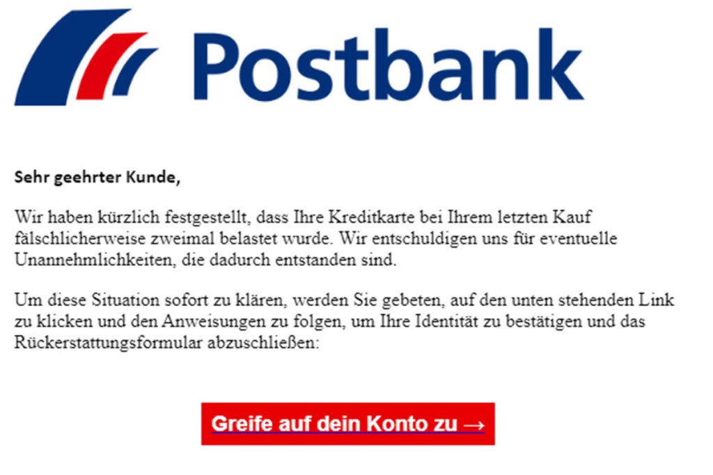 Phishing-Mail im Namen der Postbank 