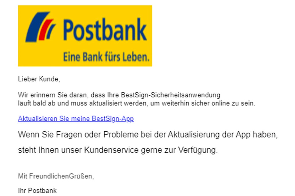 Screenshot einer Phishing-Mail an die Postbank-Kundschaft