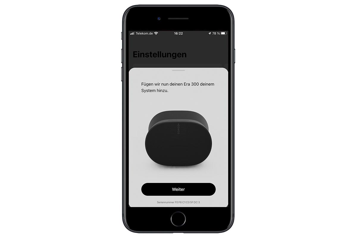 Soundbox Sonos Era 300 per Smartphone einrichten – Einstellungs-Screenshot.