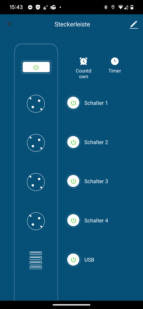 Screenshot der App mit den Schaltfunktinen der WLAN Steckdosenleiste