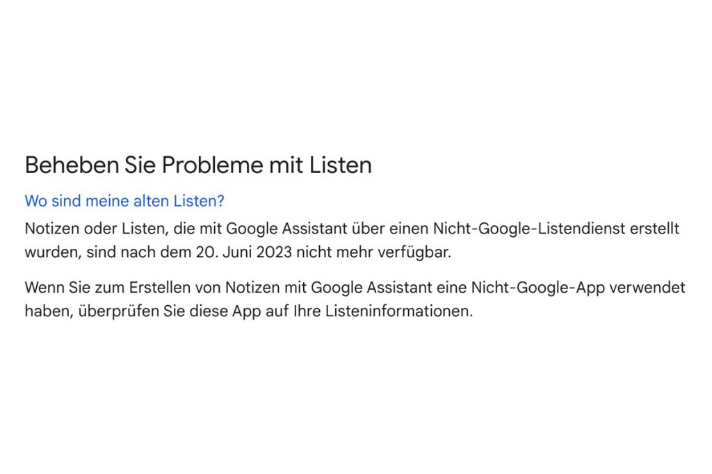 Screenshot der Google Support Website zu Notizen und dem Google Assistent