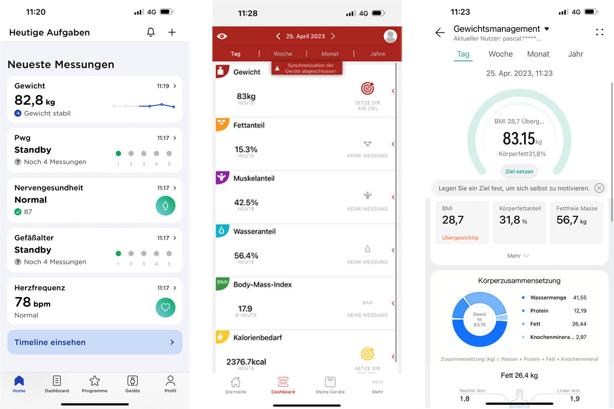Screenshots der App von Withings, Soehnle und Huawei