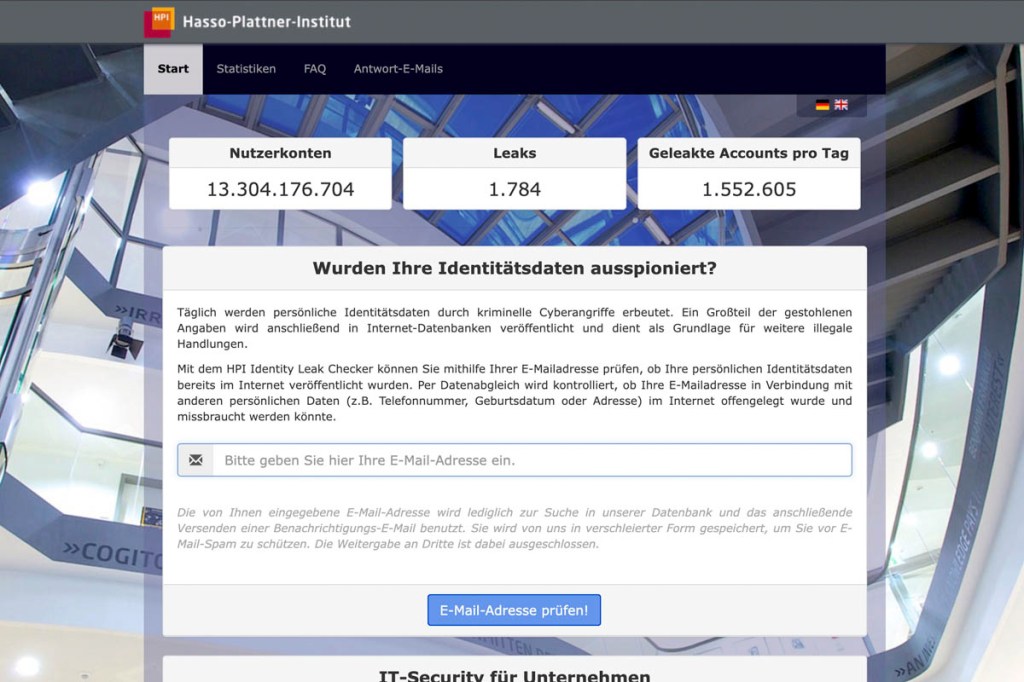 Screenshot der Website von HPI Identity Leak Checker mit Eingabemaske