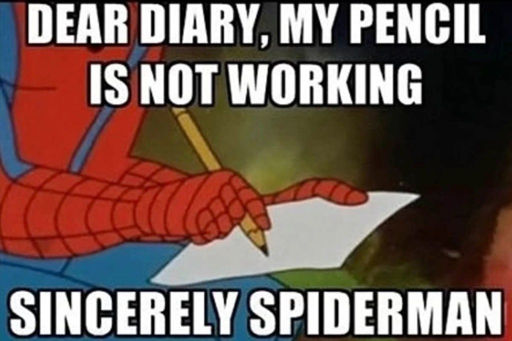Spiderman schreibt, dass sein Stift nicht funktioniert.