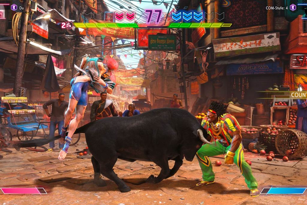 Ein Bild aus dem Videospiel Street Fighter 6. Ein Stier stürmt die Kampfarena.