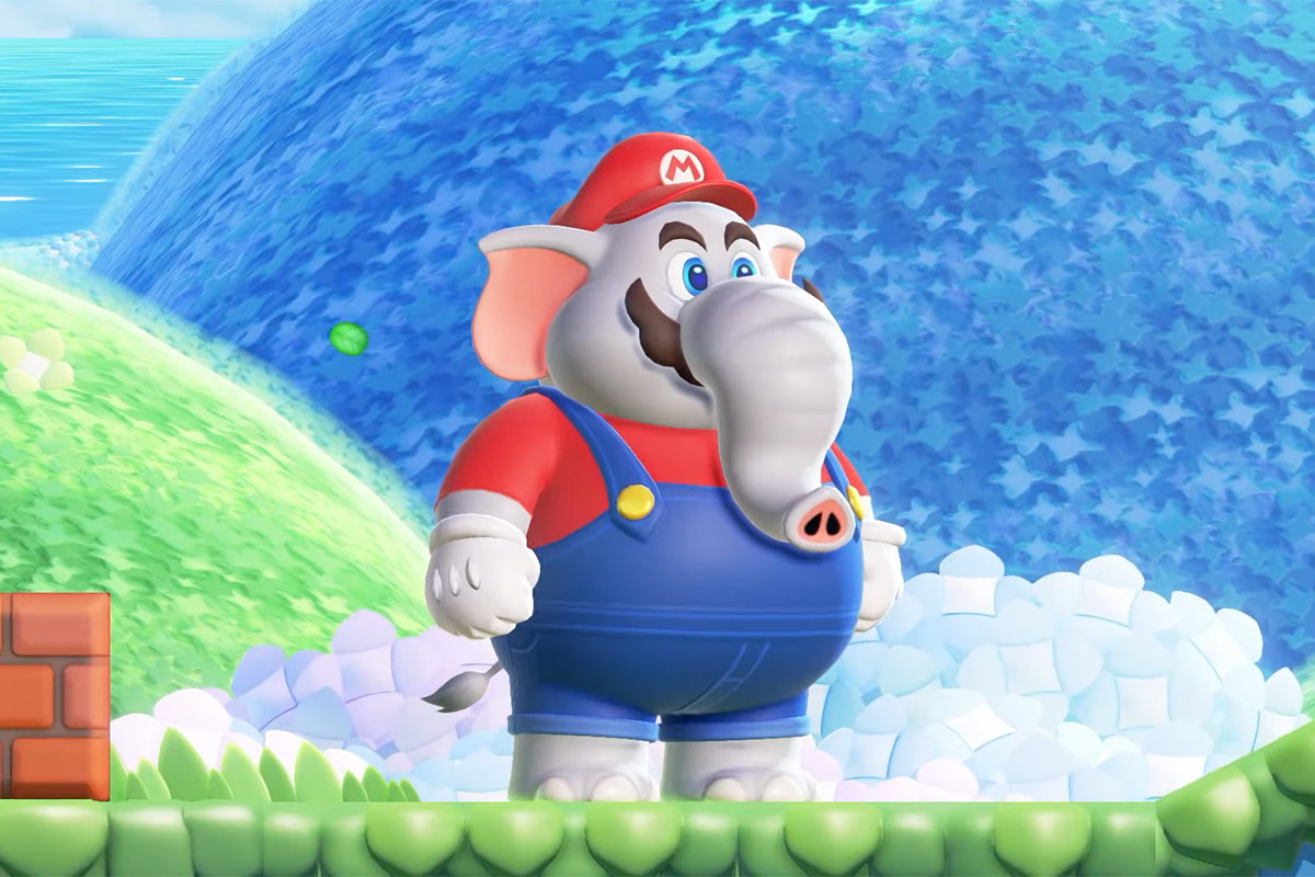 Bild des Videospiels Super Mario Bros. Wonder, das Mario als Elefant zeigt.