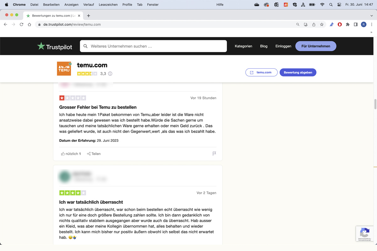 Screenshot der Bewertungs-Plattform Trustpilot.