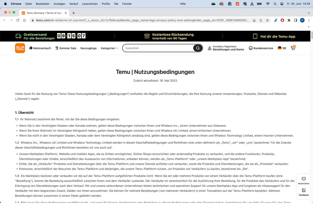Screenshot der Nutzungsbedingungen von Temu.